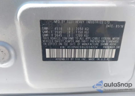 2016 Subaru Legacy 2.5I Premium z USA, uszkodzony, nr VIN 4S3BNAC68G3034034